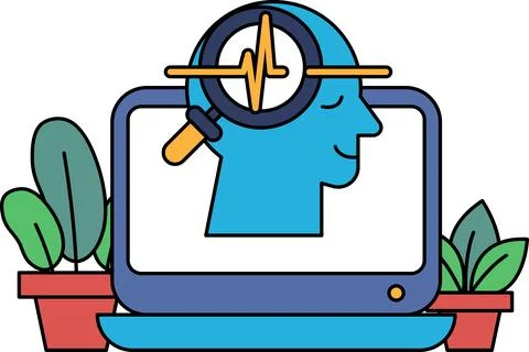 A man's head is magnified on a computer screen Stock Illustration