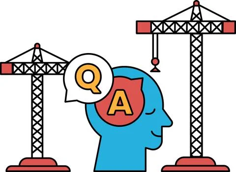 A man's head with a Q and A on it is surrounded by cranes イラスト素材