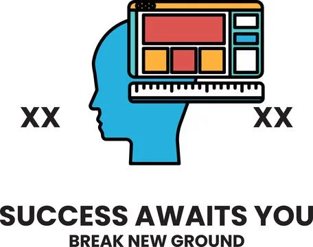 A man's head with a ruler on it and the words success awaits you underneath Stock-Illustration