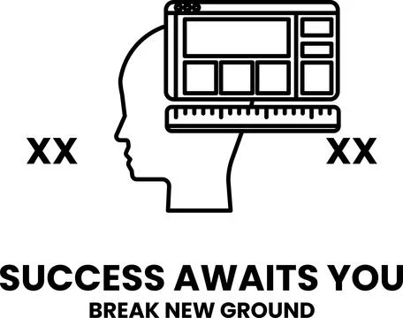 A man's head with a ruler on it and the words success awaits you underneath Stock-Illustration