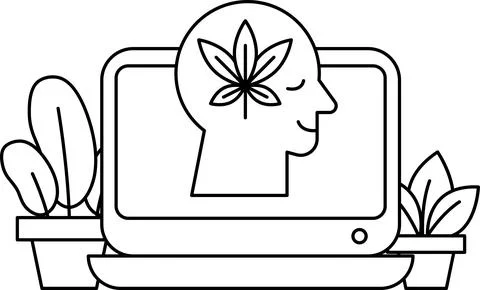 A man's head is shown on a computer screen with a leafy plant in the backgrou Stock Illustration