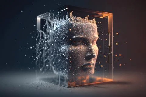 A man's head is surrounded by bubbles and water in a glass box with a face .. Stock Illustration