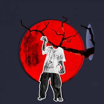 A man's head is on a tree branch and his body is on a red circle Stock Illustration