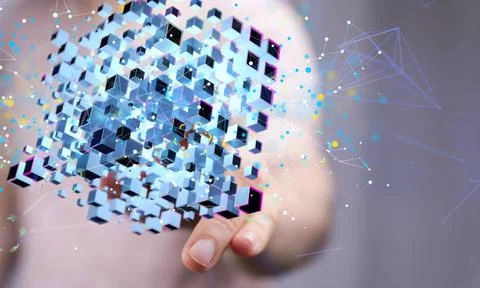 Man's interacting with touch with a 3D rendering Big data cloud digital Stock Photos