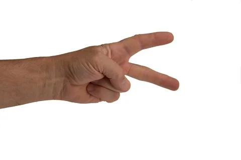 The man's left hand made a V gesture. White background. Stock Photos
