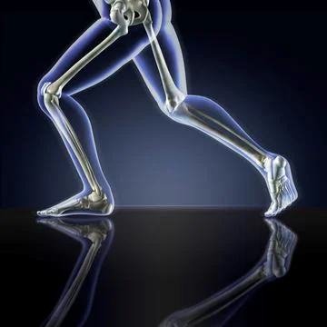 Man's legs running in blue X-ray on a dark blue reflective background Stock Illustration