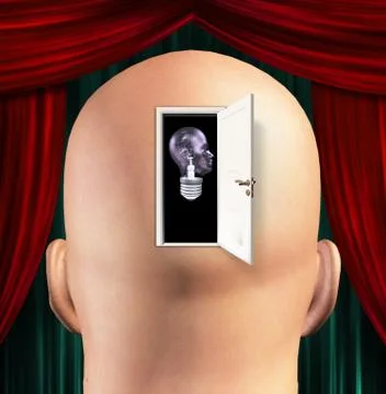 Mans mind opened to human light bulb Stock Illustration