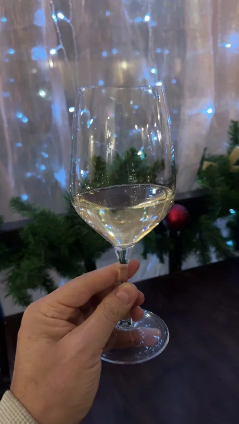 Man's point of view holding a wine glass in hand, gazing at a cozy New Year's Stock Footage 325649231