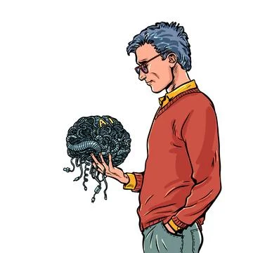 A man's reflection on the creation of intelligence. A man holds the brain of 库存插图
