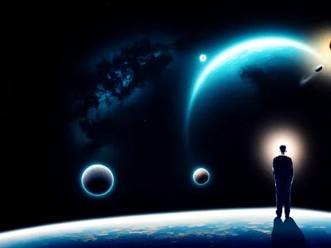 Man's  silhouette standing on Earth with planets background Stock Illustration