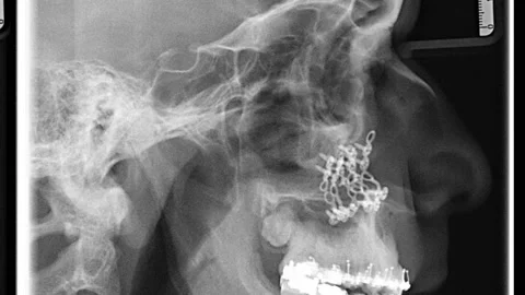 A man's skull x-ray after orthognatic surgery on his jaw slides top to botton  Stock Footage 234719641
