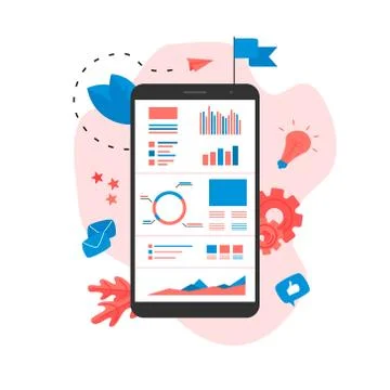 Mans studying financial statistics on screen monitor. Financial reports, charts  Stock Illustration