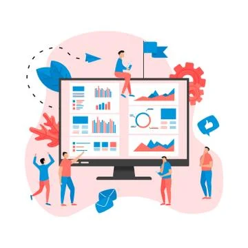 Mans studying financial statistics on screen monitor. Financial reports, charts  Stock Illustration