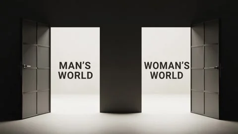 Mans world vs. womans world concept animation, two opening doors revealing Stock Footage 319379367