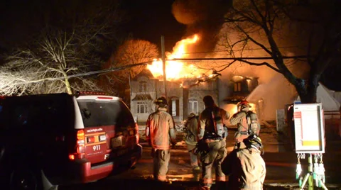 Mansion Fire With Flames Through Roof &amp; Fire Trucks Wide 스톡 동영상 35696597
