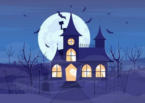 Mansion with ghosts flat color vector illustration Illustrazione stock