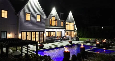 Mansion Night Fire Pit LED lights pool Big Windows Vídeos de archivo 288375082