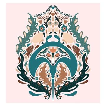 Manta ray. Folk-style pattern, symmetrical, detailed vector element. Rustic,  Stock Illustration