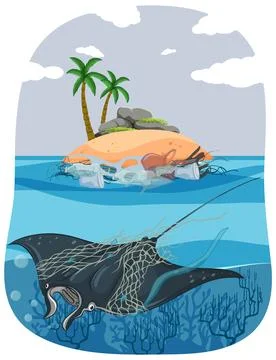 Manta Ray Structure in Fishnet: Marine Pollution Stock Illustration