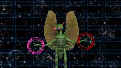 Mantis alien in spaceship navigation room . 3d animation rendering Stock Footage 149094160