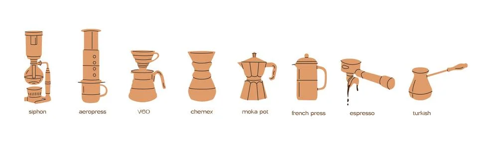 Manual alternative coffee brewing methods and tools hand drawn doodle style icon Stock Illustration