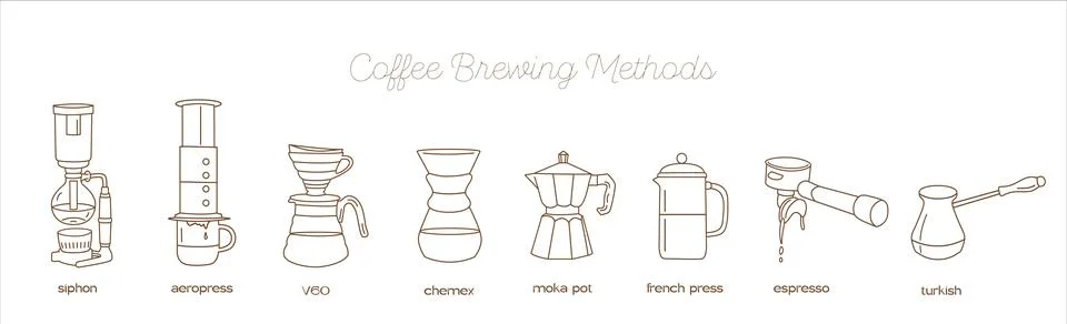 Manual alternative coffee brewing methods and tools hand drawn doodle style icon Stock Illustration