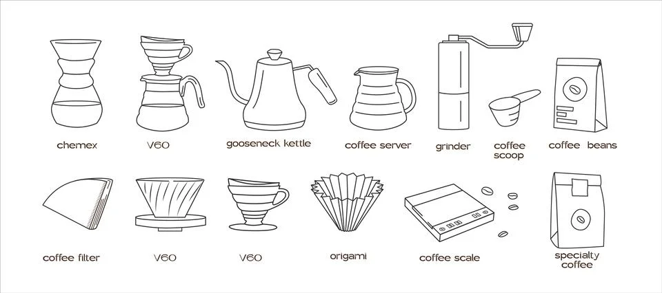 Manual alternative coffee brewing methods and tools hand drawn doodle style Stock Illustration