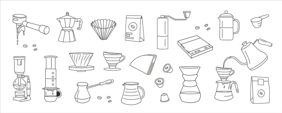 Manual alternative coffee brewing methods and tools hand drawn doodle style Stock Illustration