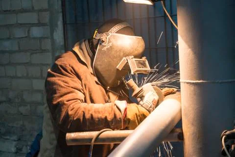 Manual-arc welding of process pipelines for an oil refinery in Russia Stock Photos
