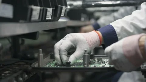 Manual assembly of components on a printed circuit board on conveyor. High tech Stock Footage 144346311