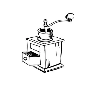 Manual coffee grinder thin black lines on a white background - Vector Stock Illustration