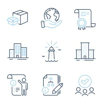 Manual doc, Buildings and Algorithm icons set. Packing boxes, Lighthouse and イラスト素材