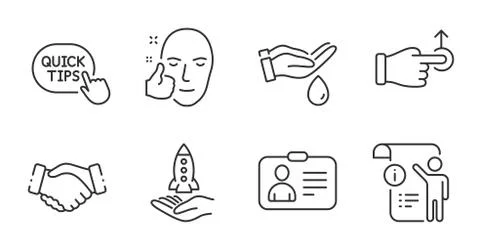 Manual doc, Handshake and Quick tips icons set. Drag drop, Id card and Wash Stock Illustration