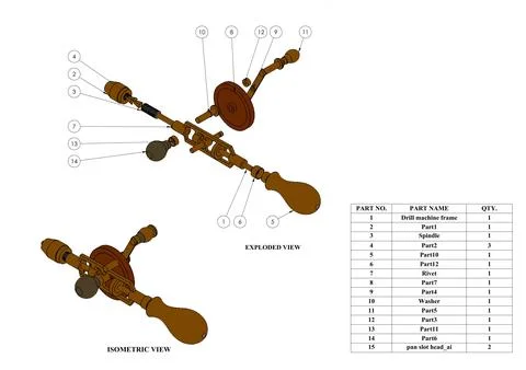 Manual drill machine solid work cad drafting details. Stock Illustration