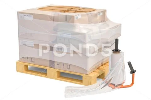 Manual film stretch wrapping machine and wooden pallet with parcels wrapped i Stock Illustration