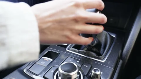 Manual gear automatic transmission hand move car auto interior luxury car. Stock Footage 171177802