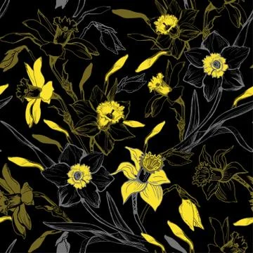 Manual graphic seamless pattern with hand drawn flowers daffodils. Stock Illustration
