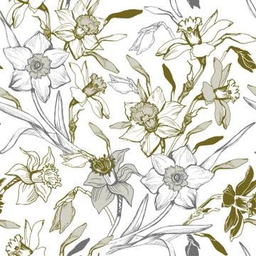 Manual graphic seamless pattern with hand drawn flowers daffodils. Stock Illustration