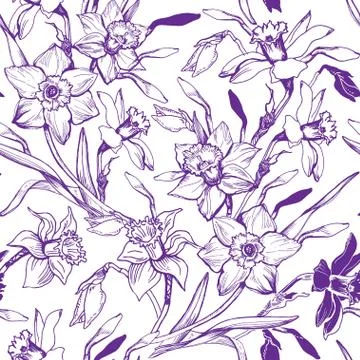 Manual graphic seamless pattern with hand drawn flowers daffodils. Stock Illustration