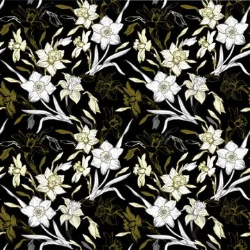 Manual graphic seamless pattern with hand drawn flowers daffodils. Stock Illustration