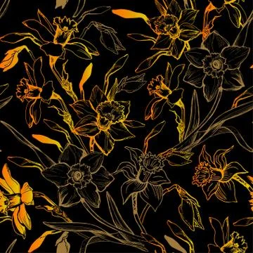 Manual graphic seamless pattern with hand drawn flowers daffodils. Stock Illustration