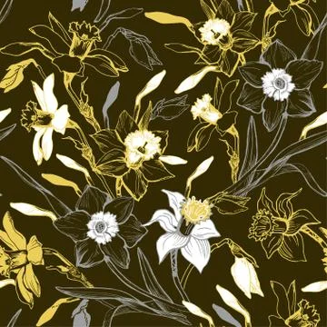 Manual graphic seamless pattern with hand drawn flowers daffodils. Stock Illustration