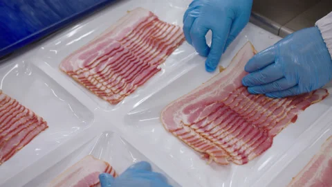 Manual labor on semi-automatic line of meat processing plant. Laying portions of Stock Footage 205488784