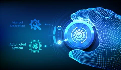 Manual operation vs automated system choice concept. Human control versus dig Stock Illustration