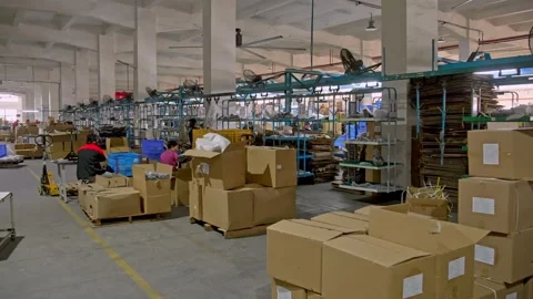 Manual Packaging Line Wrapping Pallet with Cargo Boxes inside Warehouse 動画素材 337449695