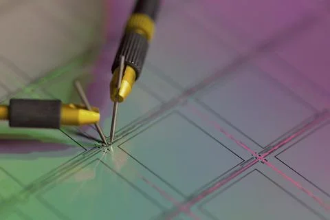 Manual probe system with needles for test of semiconductor on silicon wafer.  Stock Photos