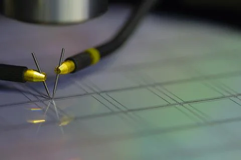 Manual probe system with needles for test of semiconductor on silicon wafer.  Stock Photos