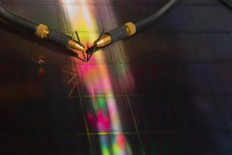 Manual probe system with needles for test of semiconductor on silicon wafer.  Stock Photos