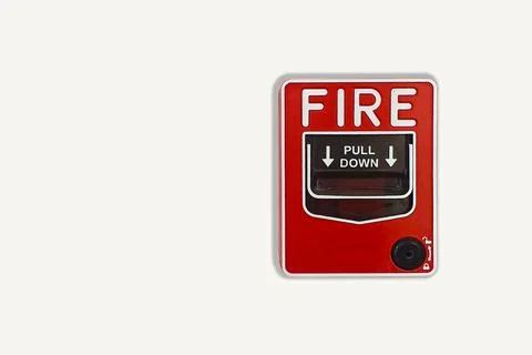 Manual pull fire alarm switch safety system box installed and fire extinguish Stock Photos