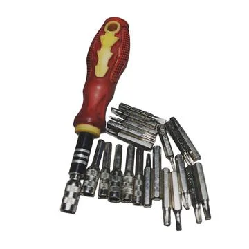 Manual Screwdriver with Multiple Bits on Plain White Background 스톡 사진